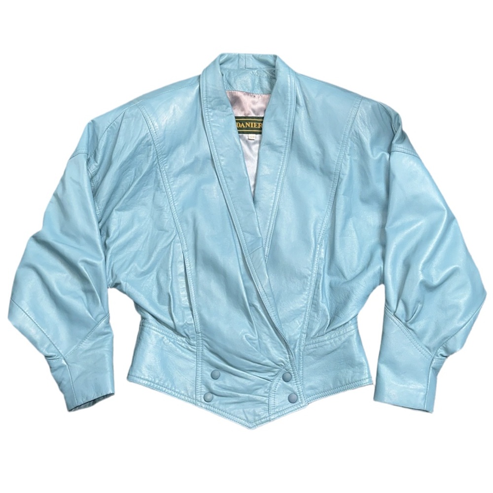 80s DANIER women's retro aqua blue padded cropped leather jacket, XS.
